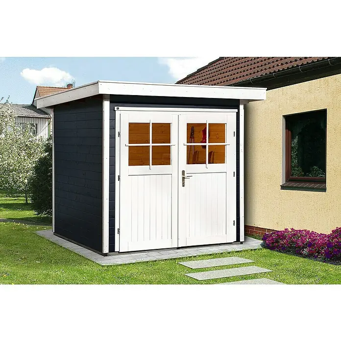 Weka Gartenhaus 227 - Außenmaß inkl. Dachüberstand (B x T): 229 x 253 cm, Holz, Anthrazit/Weiß, 4,285 m² - Holzgartenhaus mit Doppeltür in Weiß und dunklem Holz, ideal zur Gartenaufbewahrung und Geräteaufbewahrung im Außenbereich.