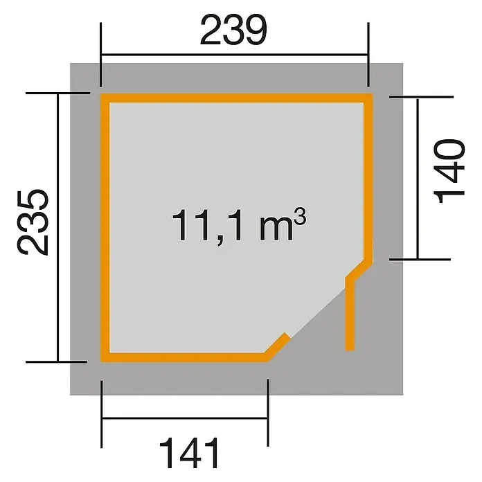 Weka Gartenhaus 229 - Außenmaß inkl. Dachüberstand (B x T): 270 x 270 cm, Holz, Natur - Grundriss des Produkts mit Abmessungen 239x235x140x141 und einem Volumen von 11,1 m³, ideal für Ihre Planungsbedürfnisse.