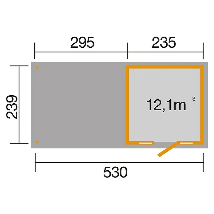 Weka Gartenhaus 172 B - Außenmaß inkl. Dachüberstand (B x T): 286 x 554 cm, Holz, Natur - Grundrisszeichnung eines Gartenhauses mit den Maßen 530 x 239 cm und einem Anbau von 235 cm Breite.