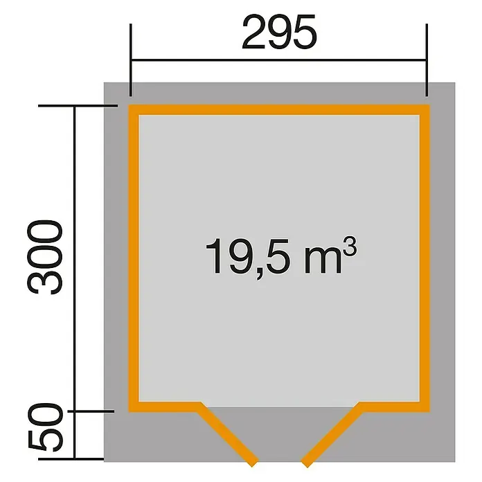 Weka Gartenhaus Designhaus 126 - Außenmaß inkl. Dachüberstand (B x T): 356 x 377 cm, Holz, Grau/Weiß - Bild einer Bauzeichnung mit den Maßen 295 x 300 und dem Volumen 19,5 m³.