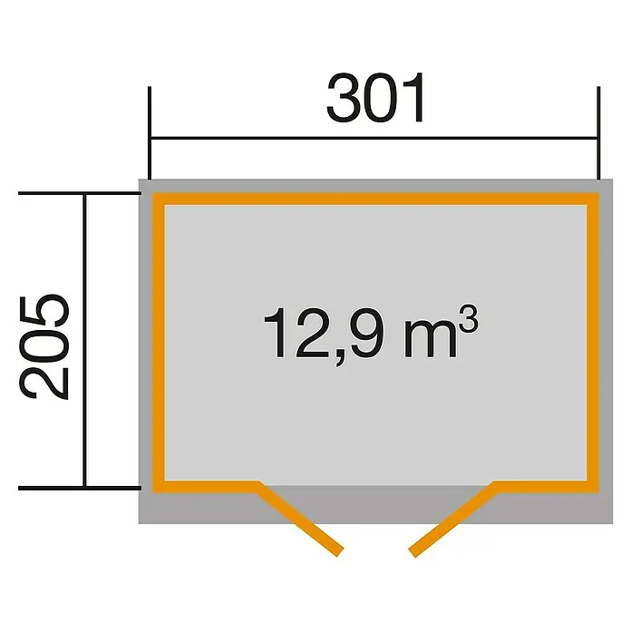 Weka Gartenhaus 218 - Außenmaß inkl. Dachüberstand (B x T): 320 x 239 cm, Holz, Schwedenrot/Weiß, 6,17 m² - Grundrisszeichnung eines Gartenschuppens mit den Maßen 301 x 205 und einem Volumen von 12,9 m³. Ideal für die Gartenplanung.