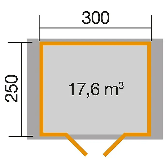 Weka Gartenhaus Premium 28 - Außenmaß inkl. Dachüberstand (B x T): 380 x 284 cm, Holz, Natur, 7,5 m² - Grundriss eines Gartenhauses mit den Maßen 300 x 250 cm und einem Volumen von 17,6 m³. Optimal für die Aufbewahrung von Gartengeräten.