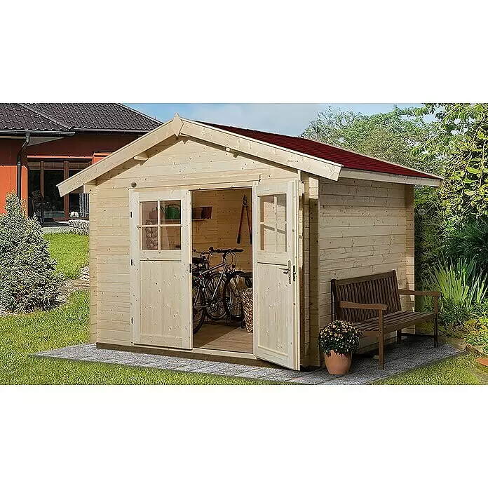 Weka Gartenhaus Premium 28 - Außenmaß inkl. Dachüberstand (B x T): 380 x 284 cm, Holz, Natur, 7,5 m² - Stimmungsaufnahme