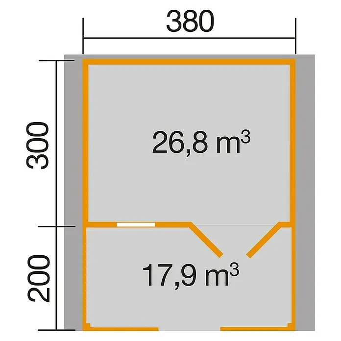 Weka Gartenhaus 111 - Außenmaß inkl. Dachüberstand (B x T): 460 x 514 cm, Holz, Natur, 19 m², Mit Vordach & Brüstungsgeländer - Grundriss eines Hauses mit zwei Zimmern, Abmessungen 380 x 500 und Flächenangaben.