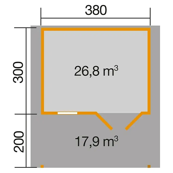 Weka Gartenhaus 136 - Außenmaß inkl. Dachüberstand (B x T): 460 x 514 cm, Holz, Natur, 19 m², Mit Vordach - Grundrisszeichnung eines Gebäudes mit Abmessungen und Volumenangaben der Räume, ideal für Bauplanung und Visualisierung.
