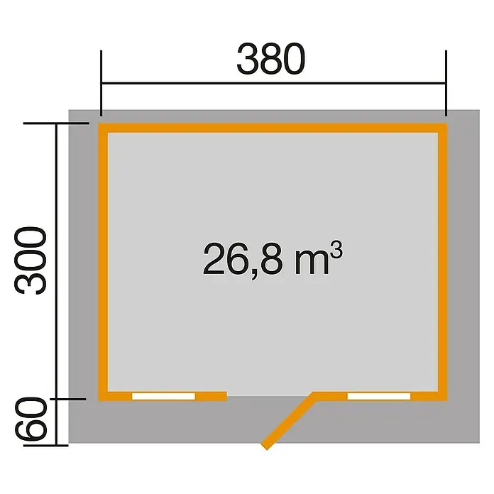 Weka Gartenhaus 110 - Außenmaß inkl. Dachüberstand (B x T): 460 x 374 cm, Holz, Natur, Ohne Vordach & Brüstungsgeländer - Grundriss eines Raumes mit den Maßen 380 x 360 cm und einem Volumen von 26,8 m³, dargestellt in einer technischen Zeichnung.
