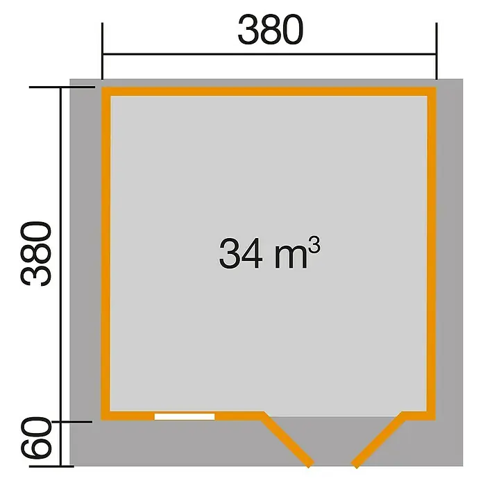 Weka Gartenhaus 135 - Außenmaß inkl. Dachüberstand (B x T): 460 x 454 cm, Holz, Natur, Mit Vordach - Draufsicht eines Bauplans mit Maßangaben und einer Raumvolumenangabe von 34 m³. Die Außenmaße sind 380 x 380 cm mit einem zusätzlichen Anbau.