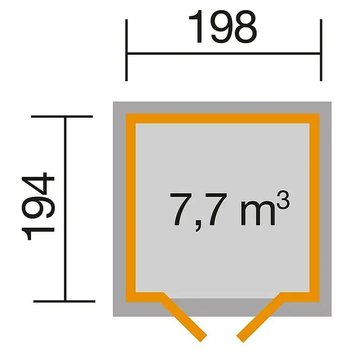 Weka Gartenhaus 321 - Außenmaß inkl. Dachüberstand (B x T): 195 x 237 cm, Holz, Natur, 3,861 m² - Schematische Darstellung eines Gartenhauses mit den Maßen 198 x 194 cm und einem Volumen von 7,7 m³.