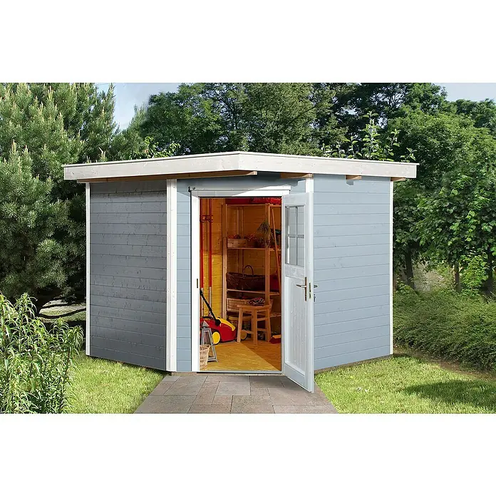 Weka Gartenhaus 229 - Außenmaß inkl. Dachüberstand (B x T): 270 x 270 cm, Holz, Grau/Weiß - Das graue Gartenhaus mit weißem Dach bietet viel Stauraum und verfügt über eine einladende offene Tür. Ideal für die Gartenaufbewahrung.