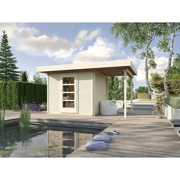 Weka wekaLine Gartenhaus Designhaus 172 + Anbau 150 cm - Außenmaß inkl. Dachüberstand (B x T): 489 x 377 cm, Holz, Natur, 13,395 m² - Stimmungsaufnahme