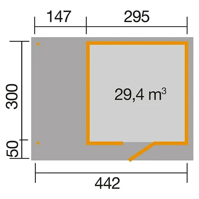 Weka wekaLine Gartenhaus Designhaus 172 + Anbau 150 cm - Außenmaß inkl. Dachüberstand (B x T): 489 x 377 cm, Holz, Natur, 13,395 m² - Bild einer Gartenhaus-Grundrisszeichnung mit Maßen und Volumenangabe, ideal für Heimwerker und Gartenliebhaber.