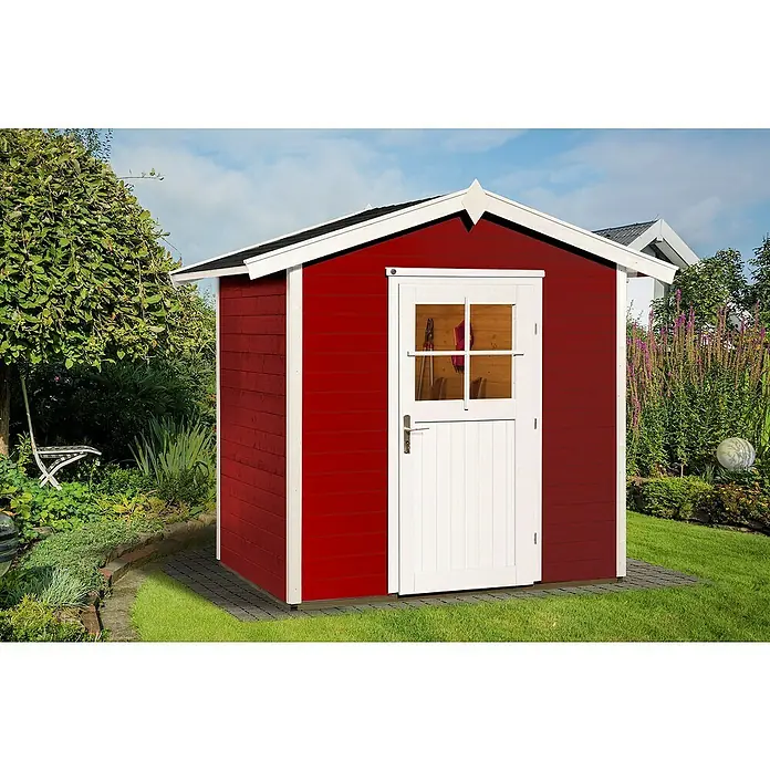 Weka Gartenhaus 223 - Außenmaß inkl. Dachüberstand (B x T): 260 x 178 cm, Holz, Schwedenrot/Weiß - Roter Holzgartenhaus mit weißer Tür und Zierleisten, eingebettet in eine grüne Gartenszene. Praktischer Stauraum für den Garten.