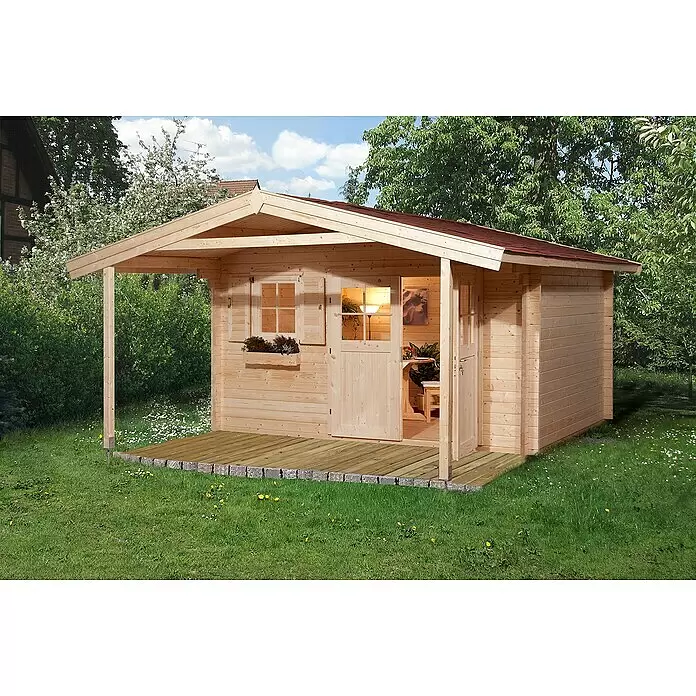 Weka Gartenhaus 111 - Außenmaß inkl. Dachüberstand (B x T): 460 x 594 cm, Holz, Natur, 22,04 m², Mit Vordach - Stimmungsaufnahme