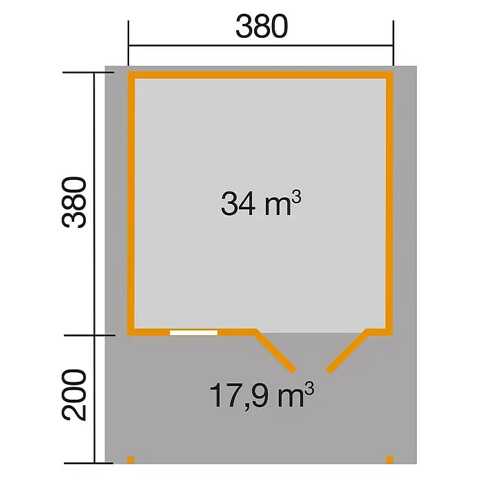 Weka Gartenhaus 111 - Außenmaß inkl. Dachüberstand (B x T): 460 x 594 cm, Holz, Natur, 22,04 m², Mit Vordach - Grundrisszeichnung eines kleinen Hauses mit den Maßen 380x380 cm und einem zusätzlichen Bereich von 200 cm, was zu einem Volumen von 34 m³ bzw. 17,9 m³ führt.