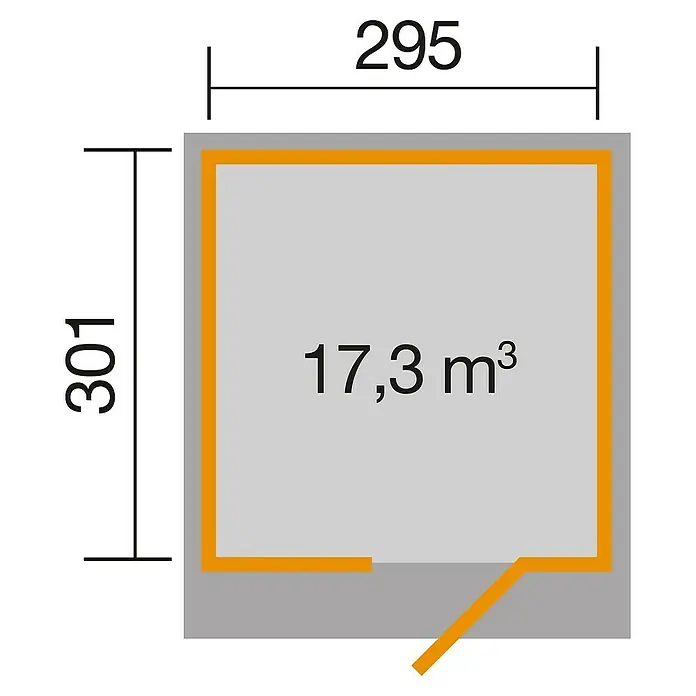 Weka wekaLine Gartenhaus 171 - Außenmaß inkl. Dachüberstand (B x T): 308 x 313 cm, Holz, Natur - Grundrisszeichnung eines Produkts mit den Maßen 295 x 301 und einem Volumen von 17,3 m³. Die Zeichnung zeigt die Abmessungen des Produkts.