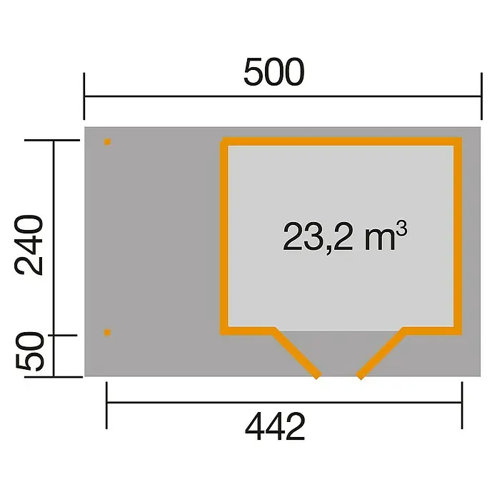 Weka Gartenhaus Designhaus 126 A + Anbau 175 cm - Außenmaß inkl. Dachüberstand (B x T): 500 x 316 cm, Holz, Grau/Weiß - Grundriss des Gartenhauses mit den Maßen 500 x 240 und einem Volumen von 23,2 m³.
