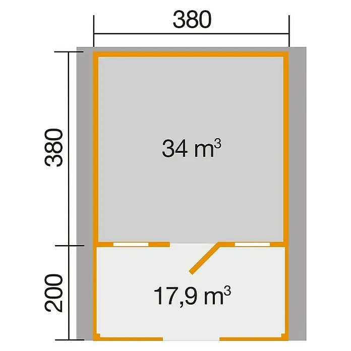 Weka Gartenhaus 111 - Außenmaß inkl. Dachüberstand (B x T): 460 x 594 cm, Holz, Natur, 22,04 m², Mit Info & Brüstungsgeländer - Grundriss eines Raumes mit den Maßen 380x380 cm und einem angrenzenden Bereich von 200 cm Höhe, Gesamtvolumen 34 m³ und 17,9 m³.