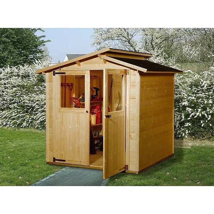 Weka Gartenhaus 323 - Außenmaß inkl. Dachüberstand (B x T): 290 x 217 cm, Holz, Eiche Hell, 4,928 m² - Abbildung eines hellbraunen Holzgartenschuppens mit offenstehenden Doppeltüren, der Rasenpflegeartikel und Gartengeräte beherbergt.