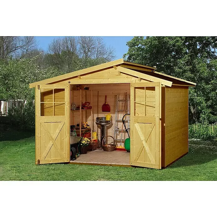 Weka Gartenhaus 323 - Außenmaß inkl. Dachüberstand (B x T): 330 x 273 cm, Holz, Eiche Hell, 7,475 m² - Stimmungsaufnahme