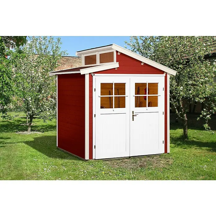 Weka Gartenhaus 226 - Außenmaß inkl. Dachüberstand (B x T): 237 x 231 cm, Holz, Schwedenrot/Weiß, 4,285 m² - Geräumiges Gartenhaus mit Doppeltür und Fenstern im Giebel, ideal zur Aufbewahrung von Gartengeräten und -möbeln.
