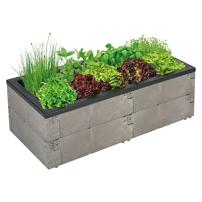 Juwel Hochbeet Timber - 130 x 60 x 41 cm, Kunststoff, Nordic Wood - Ein erhöhter Pflanzkasten aus Paneelen mit verschiedenen Kräutern und Salaten bepflanzt, ideal für Gartenliebhaber.