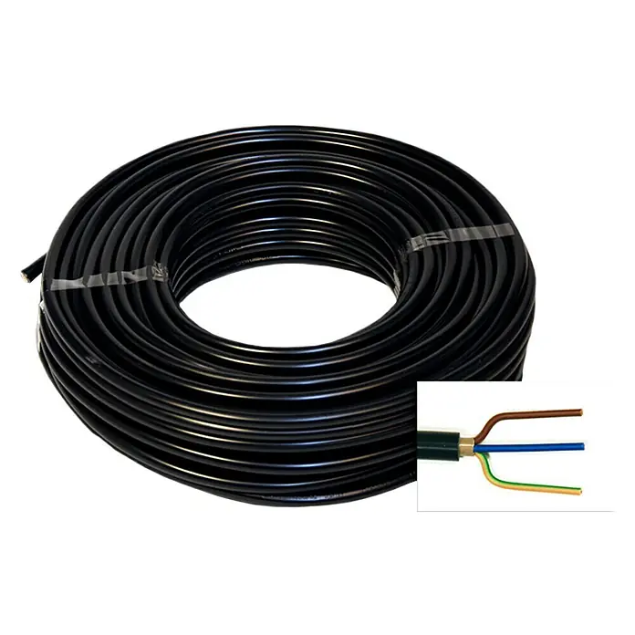 Erdkabel NYY-J 3x1,5 mm² - NYY-J, 3, 1,5 mm², 10 m, Schwarz - Nahaufnahme einer Rolle schwarzem Elektrokabel und einer Detailaufnahme des Kabelinneren.