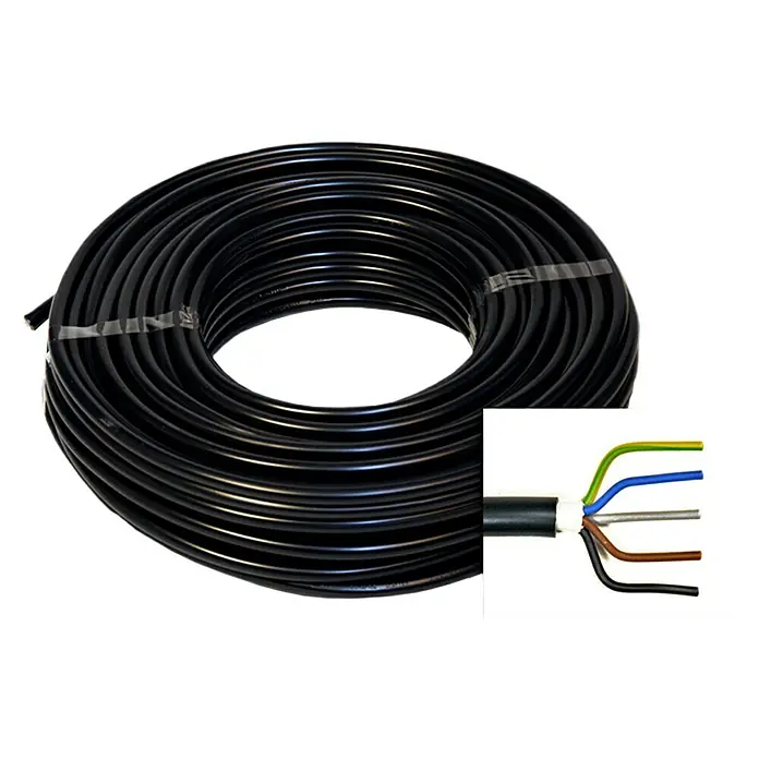 Erdkabel NYY-J 5x1,5 mm² - NYY-J, 5, 1,5 mm², 10 m, Schwarz - Ein Rollenbild von schwarzem Erdkabel mit einem Querschnitt, das die inneren farbigen Drähte zeigt. Erdkabel für Stromversorgung.
