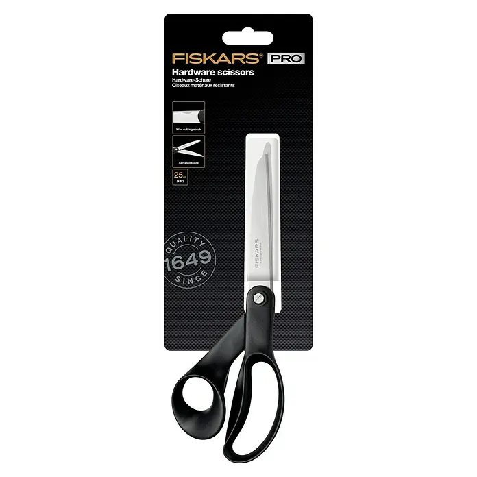 Fiskars Universalschere Hardware - Geeignet für: Tapezierarbeiten, Gezahnt - Abbildung einer Fiskars Pro Hardware-Schere mit Drahtschneider und gezahnter Klinge, ideal für robuste Schneidarbeiten.