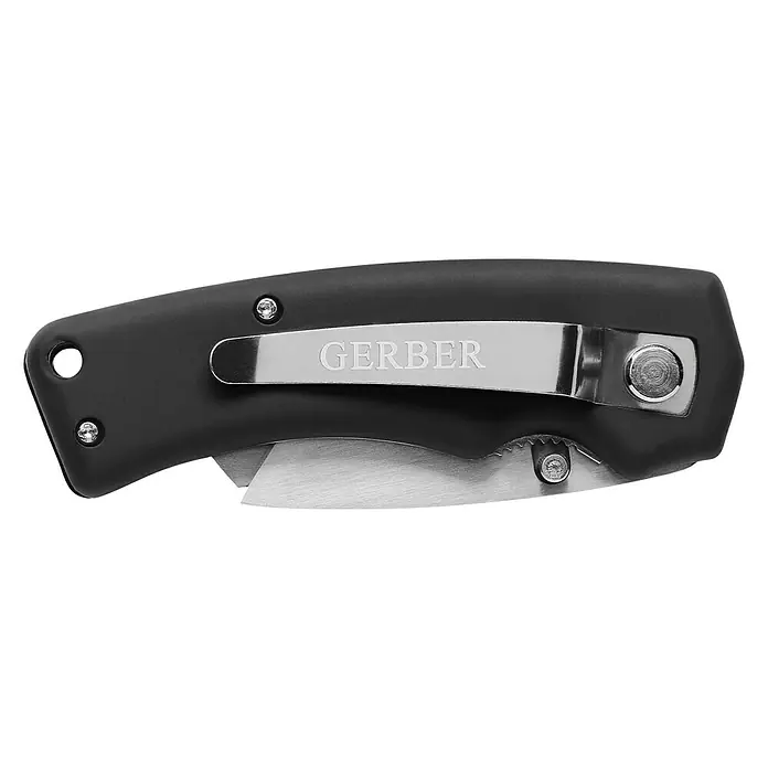 Gerber Cuttermesser Edge - Trapezklinge, Abnehmbarer Befestigungsclip - Ein schwarzes Gerber Klappmesser mit silberner Klinge und Clip, ideal für den täglichen Gebrauch und Outdoor-Abenteuer.