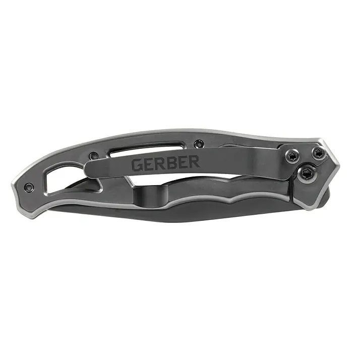 Gerber Multifunktions-Messer Paraframe Mini - Klingenlänge: 56 mm, Arretierbare Klinge - Abgebildetes Gerber-Messer in geschlossenem Zustand. Dieses Klappmesser ist ein nützliches Werkzeug für Alltag und Abenteuer.