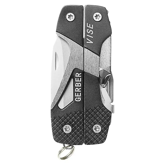 Gerber Faltwerkzeug - Länge: 10,1 cm, Edelstahl - Bild einer geschlossenen Gerber Vise Mehrzweckzange in Schwarz-Weiß, die Designelemente und das Markenlogo hervorhebt.