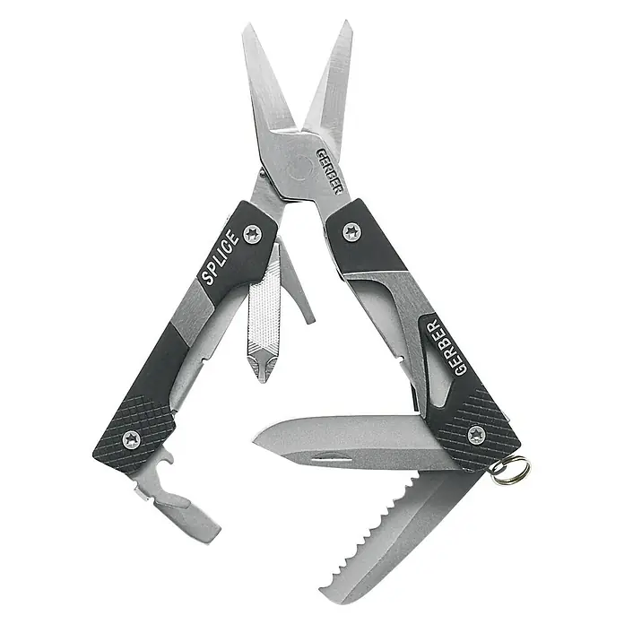 Gerber Faltwerkzeug Splice Pocket Tool™ - Länge: 10,16 cm, Stahl - Gerber Splice Multitool im geöffneten Zustand mit diversen Werkzeugen, darunter Schere, Messer und Schraubendreher.