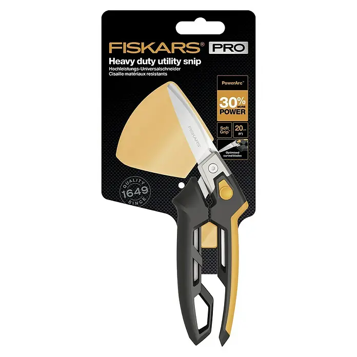 Fiskars PowerArc Tijeras de trabajo 1027204 - Largo: 26 cm, Longitud de corte: 60 mm, Acero inoxidable - Tijeras multiusos de alta resistencia Fiskars Pro: Tijeras potentes para tareas pesadas con hojas curvas optimizadas y agarre suave para mayor comodidad.