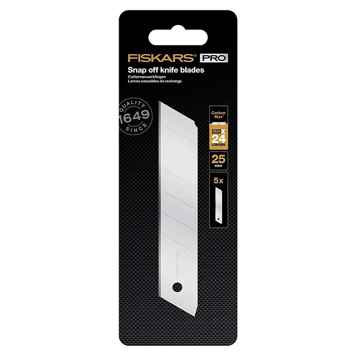 Fiskars CarbonMax Ersatzmesser-Set 25 mm - Passend für: Fiskars CarbonMax Cuttermesser - Abbildung der Fiskars Pro Abbrechklingen, bekannt für ihre Schärfe und Haltbarkeit.