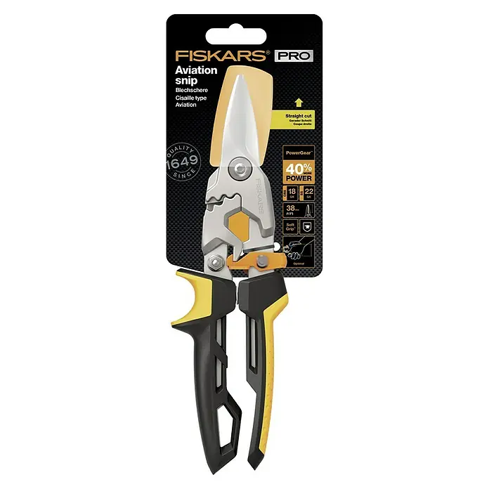 Fiskars PowerGear Tijeras para chapa - Largo: 29,5 cm, Longitud de corte: 38,1 mm, Acero inoxidable, Negro/Amarillo - Imagen de unas tijeras de aviación Fiskars Pro con corte recto y tecnología PowerGear para un corte sin esfuerzo.