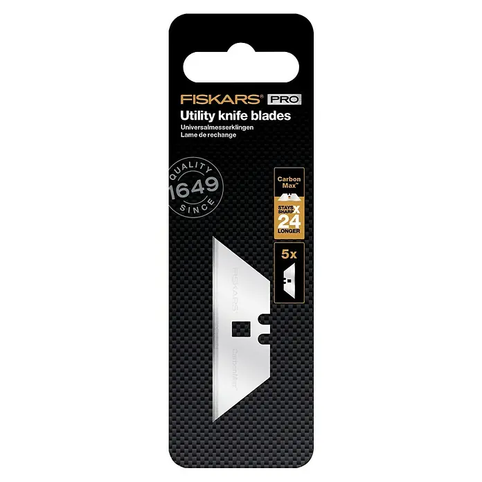 Fiskars CarbonMax Ersatzmesser-Set - Net Weight (SAP): 22 g, Klingenbreite: 25 mm, Passend für: Fiskars CarbonMax Universalmesser, 5 Stk. - Fiskars Pro Universalmesser-Klingen mit Carbon Max™ Technologie, die 24x länger scharf bleiben und 5x haltbarer sind für präzise Schnitte.