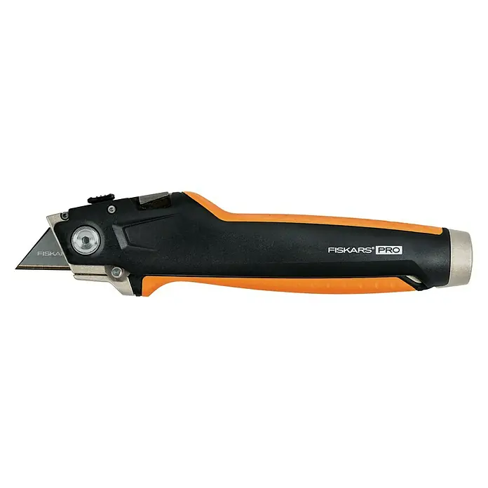 Fiskars CarbonMax Schiebemesser Trockenbau - Art Klinge: Trapezklinge, 3 Klingenpositionen, Schwarz/Orange - Das Fiskars Pro Teppichmesser mit robuster Klinge für präzise Schnitte in verschiedenen Materialien. Ideal für Handwerker und Heimwerker.