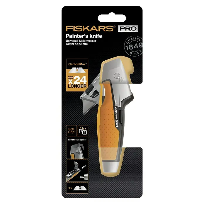 Fiskars CarbonMax Schiebemesser Maler - Art Klinge: Trapezklinge, 3 Klingenpositionen, Schwarz/Orange - Abbildung des FISKARS® PRO Malermessers mit CarbonMax™ Klingen, Soft Grip™ und Farbbechseröffner. Qualität seit 1649.