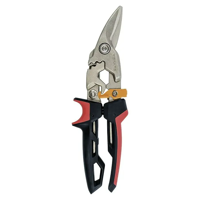 Fiskars PowerGear Blechschere - Länge: 29 cm, Schnittlänge: 38,1 mm, Rechtsschneidend, Schwarz/Rot - Die Fiskars PowerArc™ Blechschere, ein robustes Werkzeug zum Schneiden von Metall mit ergonomischem Griffdesign für Komfort und Kontrolle.
