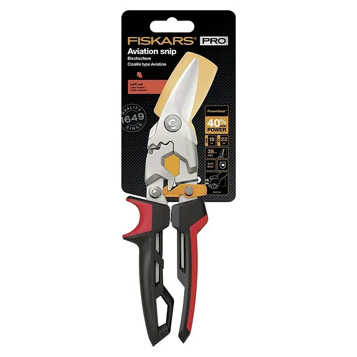 Fiskars PowerGear Blechschere - Länge: 29 cm, Schnittlänge: 38,1 mm, Rechtsschneidend, Schwarz/Rot - Die Fiskars Pro Aviation Schere: Robuste Blechschere mit PowerGear für bis zu 40% mehr Schneidleistung. Ideal für professionelle Anwendungen.