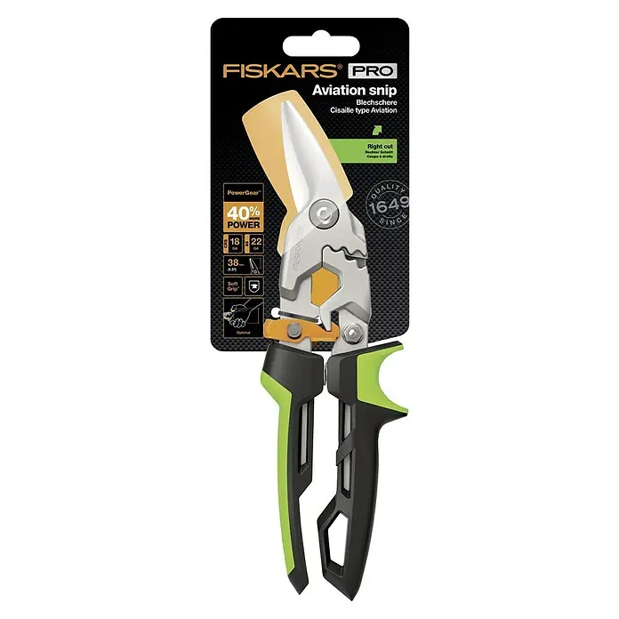 Fiskars PowerGear Tijeras para chapa - Largo: 29 cm, Longitud de corte: 38,1 mm, Acero inoxidable, Negro/Verde - Tijeras de aviación Fiskars Pro: Tijeras duraderas para cortes precisos. Ideal para profesionales, con un mango ergonómico.