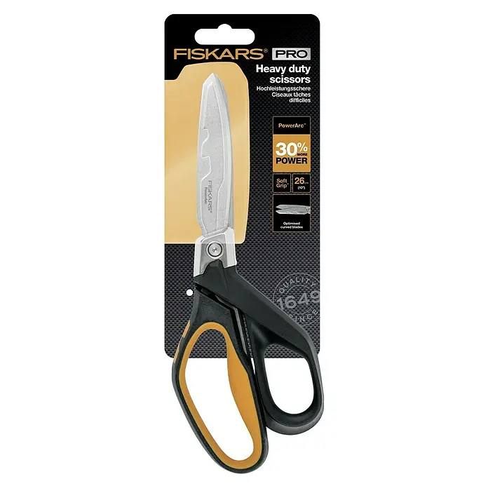Fiskars PowerArc Arbeitsschere - Länge: 260 mm, Schnittlänge: 90 mm, Schwarz/Orange - Bild der Fiskars Pro Schwerlastschere mit PowerArc-Technologie, die 30 % mehr Schneidleistung bietet.