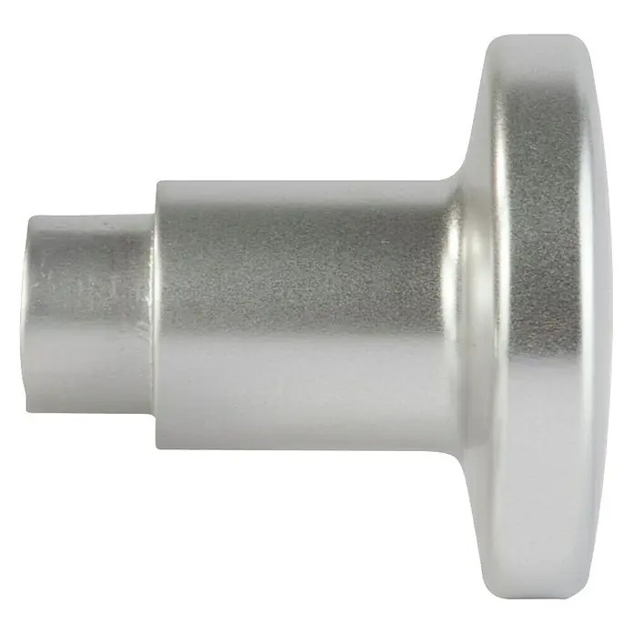 Portaferm Knopfdrücker - Vierkantstift: 8 mm, Silber, Rund, Edelstahl - Nahaufnahme eines silbernen Türknaufs mit zylindrischer Form und abgerundetem Kopf auf schwarzem Hintergrund.