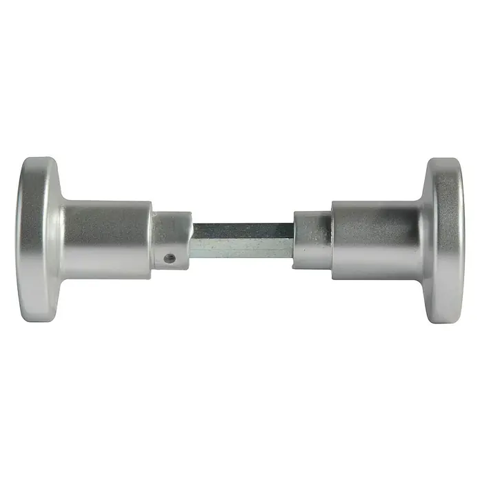 Portaferm Knopfdrücker Paar - Vierkantstift: 8 mm, Silber, Edelstahl - Dieses Bild zeigt ein Türschloss mit einem silbernen Drehknopf, der auf einem schwarzen Hintergrund montiert ist.