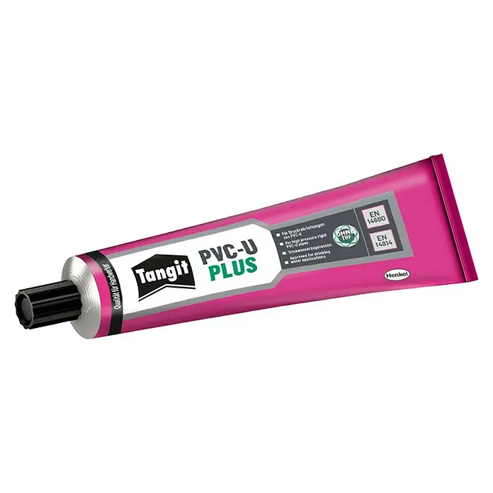 Tangit PVC-U-Klebstoff Plus - 125 g - Abbildung einer Tube Tangit PVC-U PLUS Klebstoff, speziell für Handwerkerqualität, geeignet für Druckrohrleitungen und Trinkwasseranwendungen.