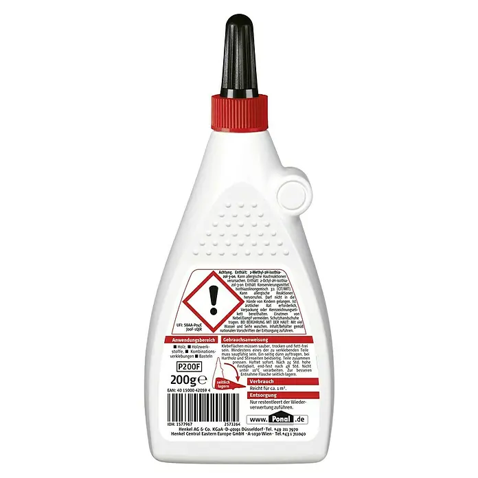 Ponal Holzleim Fix & Fest - 200 g, Lösemittelfrei - Abgebildete Ponal Holzleimflasche mit rotem Deckel und schwarzer Spitze, ideal zum Verkleben von Holz, Holzwerkstoffen und für Bastelarbeiten.