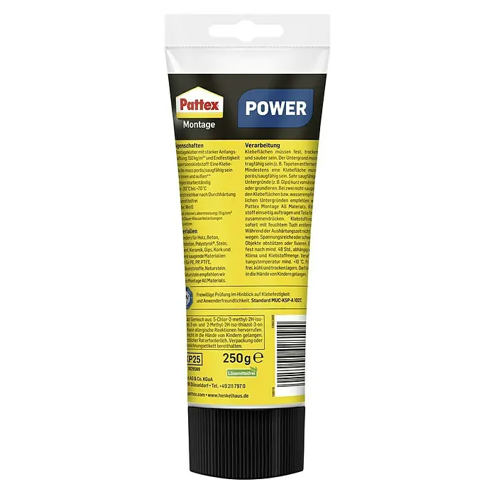 Pattex Montagekleber Power - 250 g, Tube - Abbildung einer Tube Pattex Power Montagekleber, einem lösungsmittelfreien Montagekleber mit starker Anfangshaftung und Endfestigkeit.