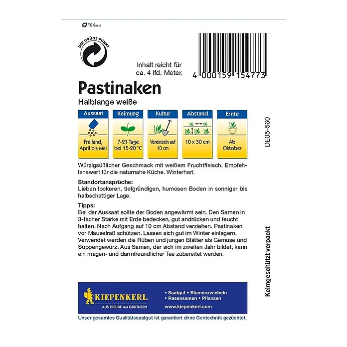 Kiepenkerl Gemüsesamen Pastinake - Pastinaca sativa, Erntezeit: Oktober - Bild einer Pastinaken-Samenpackung der Marke Kiepenkerl. Informationen zu Aussaat, Keimung, Kultur und Ernte der Pastinake sind abgebildet.