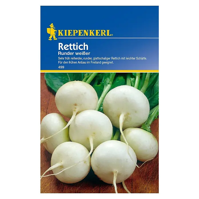 Kiepenkerl Gemüsesamen Rettich - Raphanus sativus, Runder weißer - Samenpackung für "Rettich Runder weißer" von Kiepenkerl, einem frühen, runden Rettich mit glatter Schale und leichter Schärfe, ideal für den Freilandanbau.