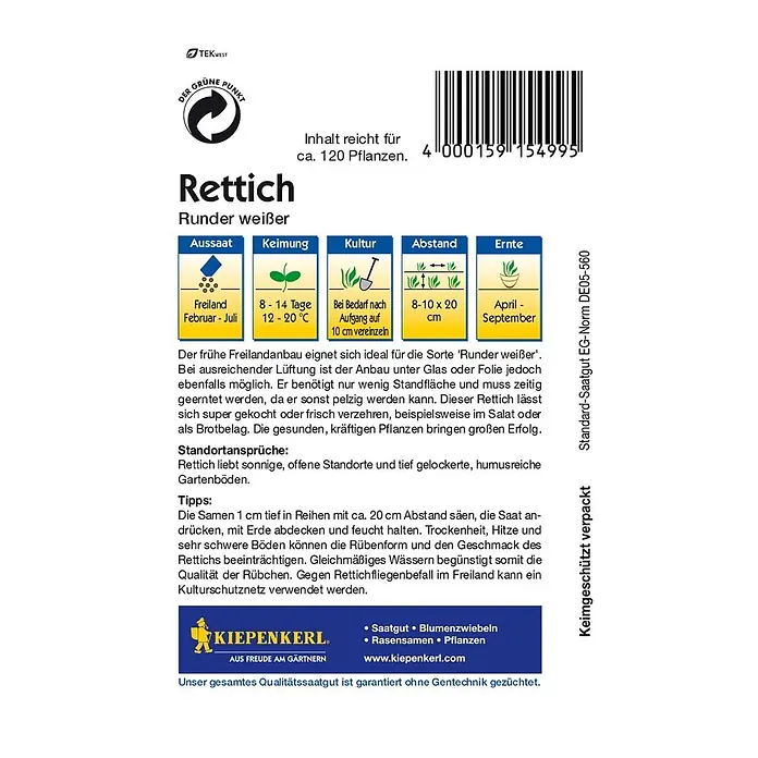 Kiepenkerl Gemüsesamen Rettich - Raphanus sativus, Runder weißer - Bild einer Saatguttüte für 'Rettich Runder weißer', mit Anbauhinweisen wie Aussaatzeit, Keimdauer, Pflege, Abstand und Erntezeitpunkt.